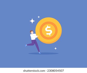 Loyalty Program. earn income from the internet. won the cash prize. Happy because of the big profits. businessman carrying or holding coins. business and events. illustration concept design. vector