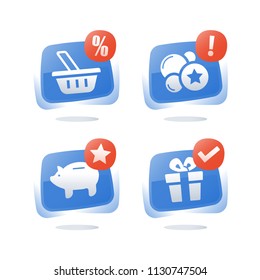 Loyalty program, earn points and get reward, shopping basket, discount coupon, piggy bank savings, redeem gift, cash back for purchase, collect points and exchange for present, vector flat icon set