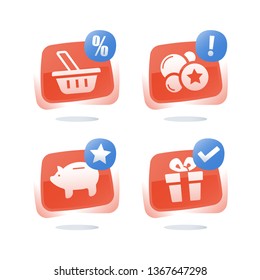 Loyalty program, earn points and get reward, shopping basket, discount coupon, piggy bank savings, redeem gift, cash back for purchase, collect points and exchange for present, vector flat icon set