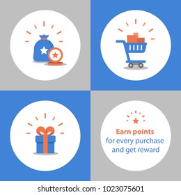 Loyalty program, earn points for purchase, reward concept, full shopping cart, redeem gift, vector icon, flat illustration