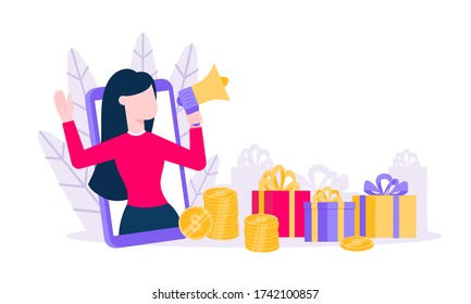 Loyalty program flat style design vector illustration concept. Woman with megaphone loud speaker standing up in the smartphone and shout out to the people. Refer a friend program.