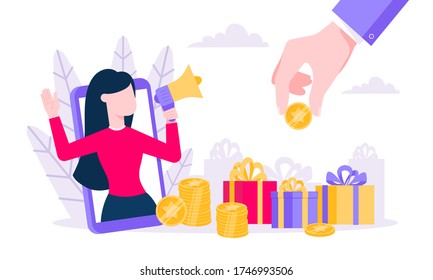 Loyalty program flat style design vector illustration concept. Woman with megaphone loud speaker standing up in the smartphone and shout out to the people. Refer a friend program.