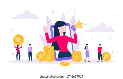 Loyalty program flat style design vector illustration concept. Woman with megaphone loud speaker standing up in the smartphone and shout out to the people. Refer a friend program.