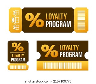 Loyalty program in flat style. Discount coupon. 3d coupon reward. Discount, loyalty program, promotion