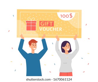 Programa de fidelidad y obtener recompensas planilla de banner con personajes caricaturistas hombres y mujeres sosteniendo vales de regalo, ilustración plana vectorial aislada en fondo blanco.