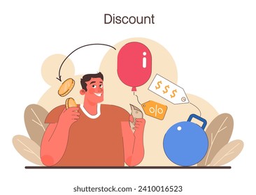 Loyalty program. Happy male character shopping with a big discount and special offer. Commercial program for client retention. Marketing promotion. Flat vector illustration