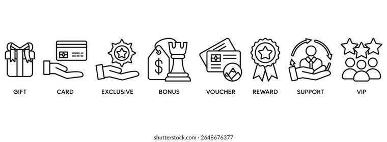 Ícone do programa de fidelidade definir conceito de ilustração vetorial relacionar a presente, cartão, exclusivo, bônus, voucher, recompensa, suporte, vip