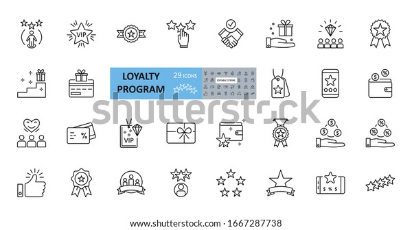 Loyalty program icons. 29 vector images in a set\
with editable stroke. Includes membership, reviews and likes,\
stars, loyalty card, percentage of discounts, gifts, diamonds, VIP\
status.