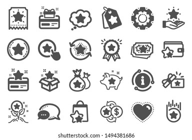 Symbole für Loyalitätsprogramme. Bonuskarten, Geschenkgutscheine und Rabattmarken. Lottoschein, Verdienen Sie Belohnung und Geschenkideen. Einkaufstasche, Treuekarte und Lotterie anwesend. Qualitätssatz. Vektorillustration