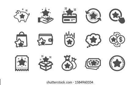 Loyalty program icons. Bonus card, Redeem gift and discount coupon signs. Lottery ticket, Earn reward and winner gift icons. Classic set. Quality set. Vector