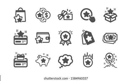 Loyalty program icons. Bonus card, Redeem gift and discount coupon signs. Lottery ticket, Earn reward and winner gift icons. Classic set. Quality set. Vector