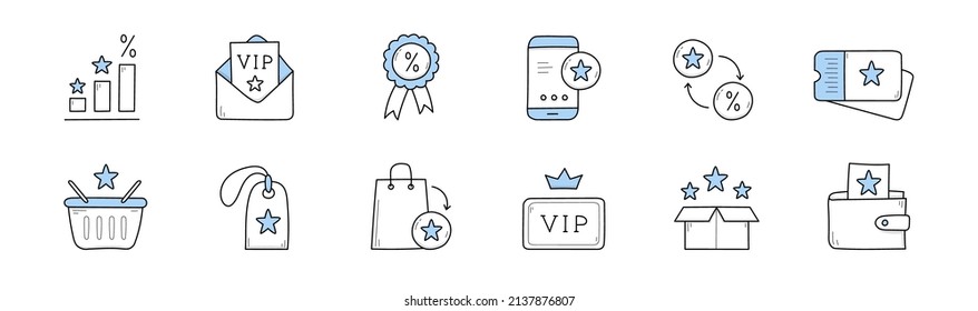 Loyalty Program Icons, Customer Reward, Bonus, Discount Card. Vector Hand Drawn Signs Of Loyal Clients Incentive, Exclusive Benefits And Gifts For Vip Members