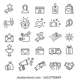 Loyalty program icons. Exclusive discounts, customer incentive benefits and presents points. Shopping website interface vector line symbols