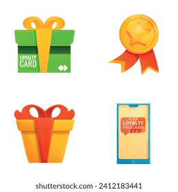 Loyalty program icons set cartoon vector. Medal, gift box and smartphone. Marketing, business