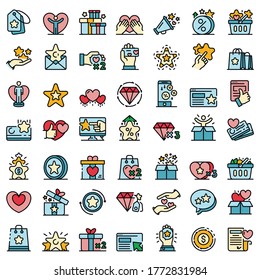 Iconos del programa de fidelidad establecidos. Conjunto de esquema de iconos vectoriales del programa de lealtad color de línea delgada plano sobre blanco