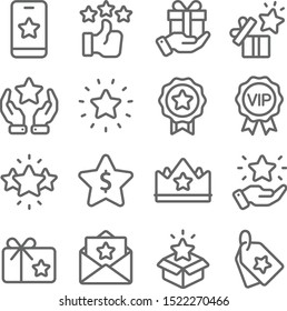 Loyalty Program icons set vector illustration. Contains such icon as VIP, Benefit, Voucher, Exclusive, Badge, Winner and more. Expanded Stroke - Shutterstock ID 1522270466