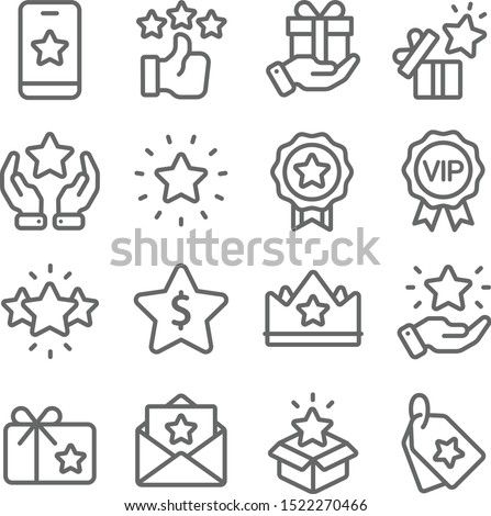 Loyalty Program icons set vector illustration. Contains such icon as VIP, Benefit, Voucher, Exclusive, Badge, Winner and more. Expanded Stroke