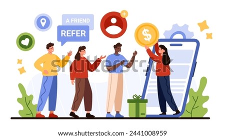 Loyalty program invite friend, bonus or cashback, discount offer. Tiny woman on mobile phone screen holding earnings coin to give rewards for group of referral people cartoon vector illustration