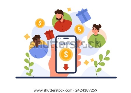 Loyalty program invite friend, deal partnership and bonuses to earn money. Hand of influencer holding phone with Referral text and gold coin, faces of people and gifts cartoon vector illustration