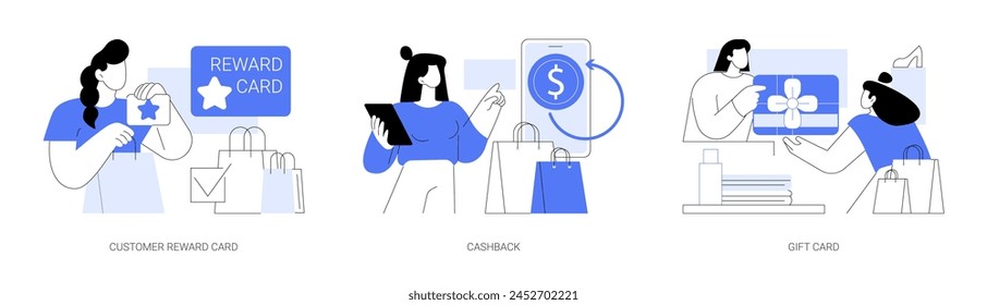 Loyalty program isolated cartoon vector illustrations set. Collect points with customer reward card, satisfied client get cashback, salesperson gives a gift card, shop promotion vector cartoon.