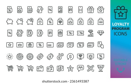 Loyalty program isolated icons set. Set of cashback, loyalty cards, piggy bank, discount coupon, customer gift card, bonus points, exclusive prize, shopping discount app vector icon