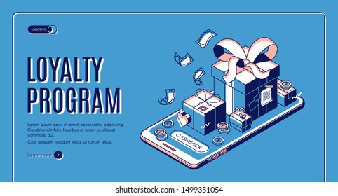 Loyalty Program Isometric Web Banner. Gift Boxes Lying On Giant Smartphone With Cashback Button. Online Shopping Promotion Offers For Regular Customers. 3d Vector Retro Colored Landing Page, Line Art