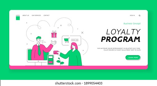 Plantilla de banner de la página de inicio del programa de lealtad. Caricatura de un personaje masculino gestor de tiendas en línea que ofrece regalos promocionales a una clienta moderna que paga por productos con tarjeta de crédito. Ilustración de estilo plano