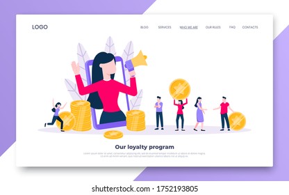 Loyalty program landing page flat style design vector illustration concept. Woman with megaphone loud speaker standing up in the smartphone and shout out to the people. Refer a friend program.