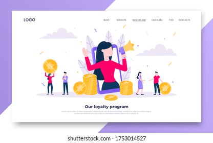 Loyalty program landing page flat style design vector illustration concept. Woman with megaphone loud speaker standing up in the smartphone and shout out to the people. Refer a friend program.