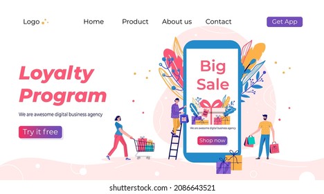 Loyalty program landing page template. Promotion of online shop bonus or reward. Modern flat vector illustration for advertisement. Seasonal discount website sale banner with people