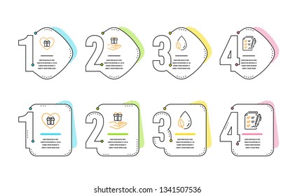 Loyalty program, Leaf dew and Romantic gift icons simple set. Survey checklist sign. Gift, Water drop, Surprise with love. Report. Infographic timeline. Line loyalty program icon. 4 options or steps