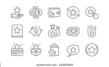 Loyalty program line icons. Bonus card, Redeem gift and discount coupon signs. Lottery ticket, Earn reward and winner gift icons. Linear set. Vector - Shutterstock ID 1404953969