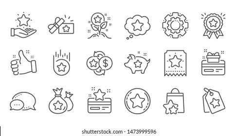 Loyalty program line icons. Bonus card, Redeem gift and discount coupon signs. Lottery ticket, Earn reward and winner gift icons. Linear set. Quality line set. Vector