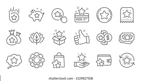 Loyalty program line icons. Bonus card, Redeem gift and discount coupon signs. Lottery ticket, Earn reward and winner gift icons. Linear set. Quality line set. Vector