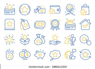 Loyalty program line icons. Bonus card, Redeem gift and discount coupon signs. Lottery ticket, Earn reward and winner gift icons. Shopping bag, loyalty card and lottery present. Line icon set. Vector