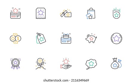 Loyalty program line icons. Bonus card, Redeem gift and discount coupon signs. Lottery ticket, Earn reward and winner gift icons. Linear set. Bicolor outline web elements. Vector