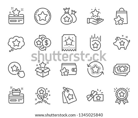 Loyalty program line icons. Bonus card, Redeem gift and discount coupon signs. Lottery ticket, Earn reward and winner gift icons. Shopping bag, loyalty card and lottery present. Vector