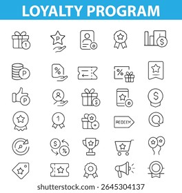 Loyalty Program Line Icons , Gift, Star, Points Card, Badge, Discount, Wallet, Rewards, and More , Editable Formats:, EPS, JPG, , and Ideal for Both Digital and Print Use