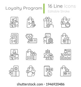 Loyalty program linear icons set. Purchase things and getting bonus. Discount card. Customizable thin line symbols. Isolated vector outline illustrations. Editable stroke