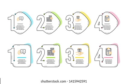 Loyalty program, Loan house and Happy emotion icons simple set. Reject checklist sign. Gift, Discount percent, Web chat. Decline file. Infographic timeline. Line loyalty program icon. Vector