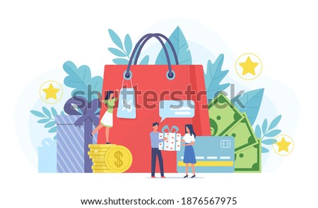Loyalty program. Marketing customer service, tiny people and gifts, bonus points, cash and reward card, cashback for purchase. Online store promotion, digital referral advertising vector flat concept