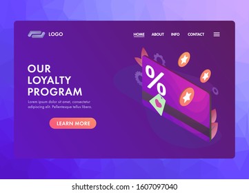 Loyalty program - marketing retail rewards customer service. Online promotion method for regular customers. Discount card with rewarding points. UI UX web vector isometric template or landing page