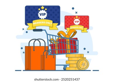 Concepto de estrategia de marketing del programa de lealtad, tarjeta de lealtad, descuentos y bonos, obtener puntos de recompensa, ingresos de reembolso. Programa de lealtad y recompensas de Clientes. Ilustración vectorial plana.