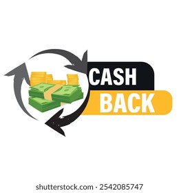 loyalty program. Money refund label. Return money service for partner program. Bonus cash back icon.