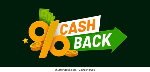 Loyalty program percentages refund, cash back label. Vector financial payment and coin bonus, cashback service, refund or rebate money icon