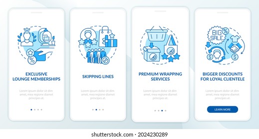 Loyalty program perks blue onboarding mobile app page screen. Benefits for clients walkthrough 4 steps graphic instructions with concepts. UI, UX, GUI vector template with linear color illustrations