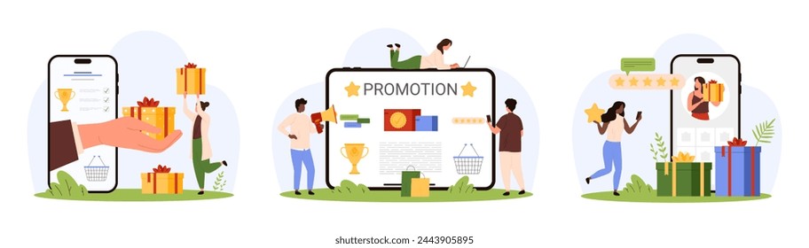 Programa de lealtad y promoción, concurso de sorteos. Mano de la pantalla del teléfono móvil que da la caja de regalo a la mujer diminuta feliz, blogger con la marca de publicidad del megáfono ilustración vectorial de dibujos animados del producto