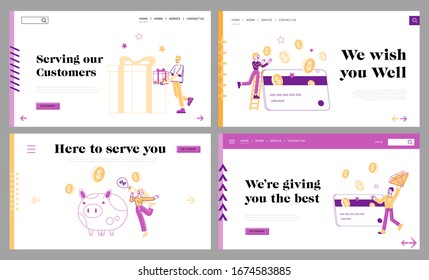 Loyalty Program, Purchase Benefit Landing Page Template Set. Tiny Characters Hold Huge Golden Coins, Earn Reward Points, Redeem Gift Box and Perks at Huge Piggy Bank. Linear People Vector Illustration