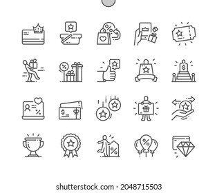 Loyalty program. Purchase and cash back. Exclusive price. Reward program. Pixel Perfect Vector Thin Line Icons. Simple Minimal Pictogram