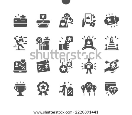 Loyalty program. Purchase and cash back. Exclusive price. Reward program. Vector Solid Icons. Simple Pictogram